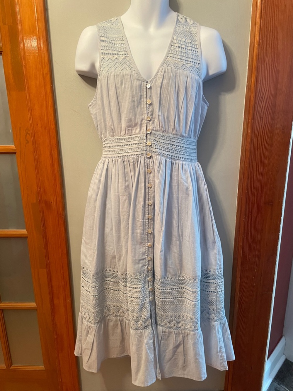 ⭐️NWT PAPA VANCOUVER Crochet-Trim Button-Front Cotton Boho Feminine Midi Dress